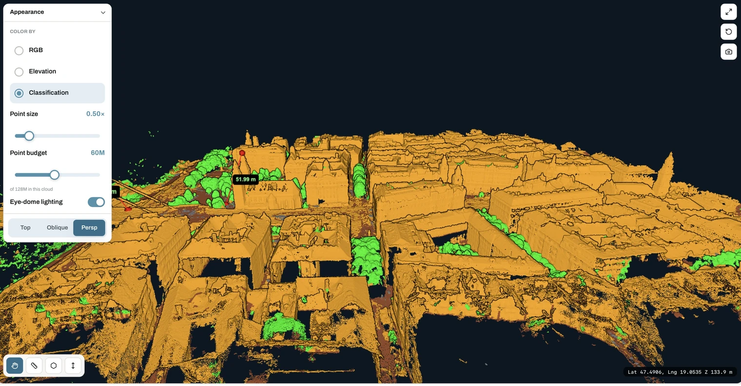 Point cloud coloured by classification with ground and vegetation separated