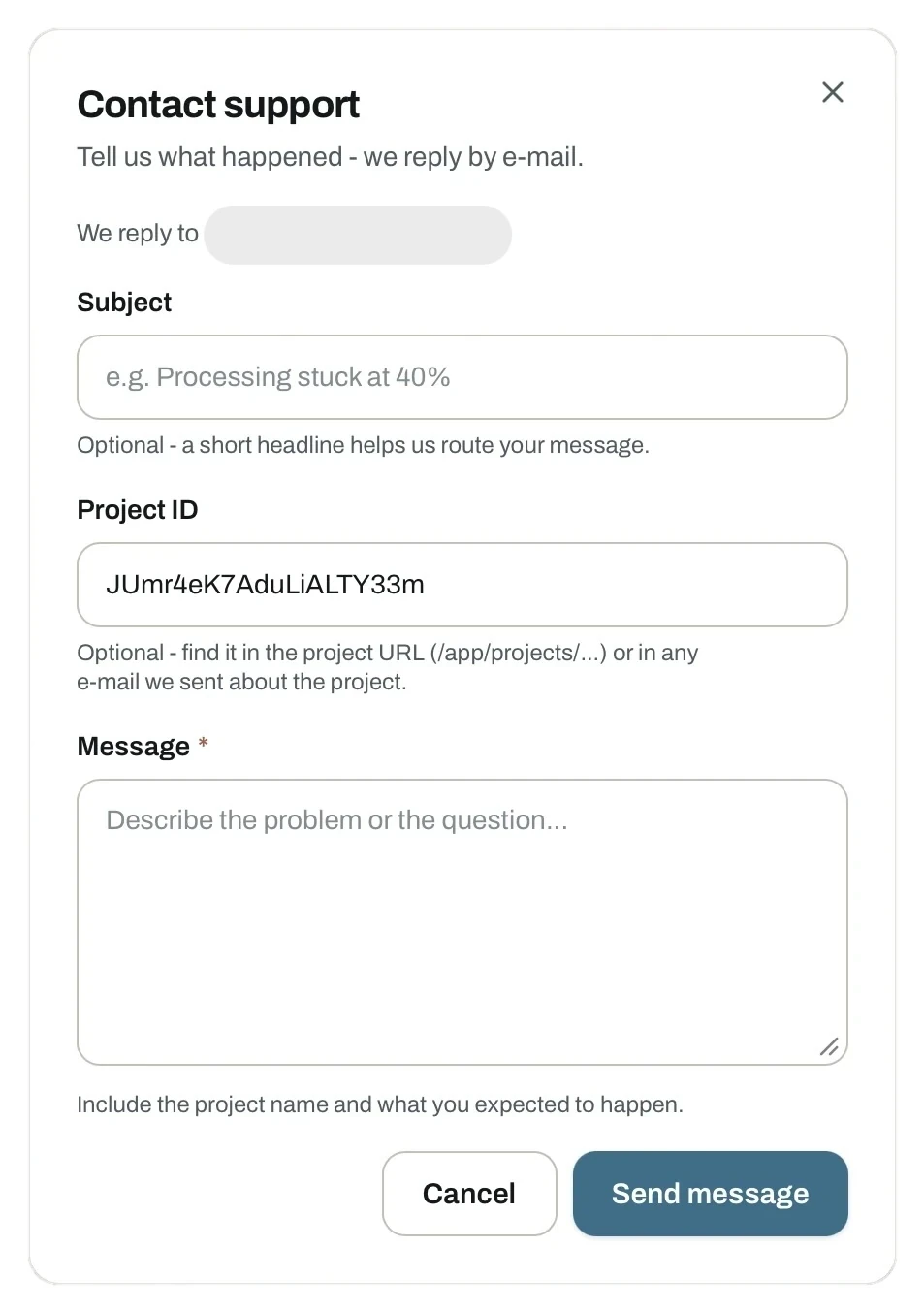 Contact support dialog with subject, project ID and message fields