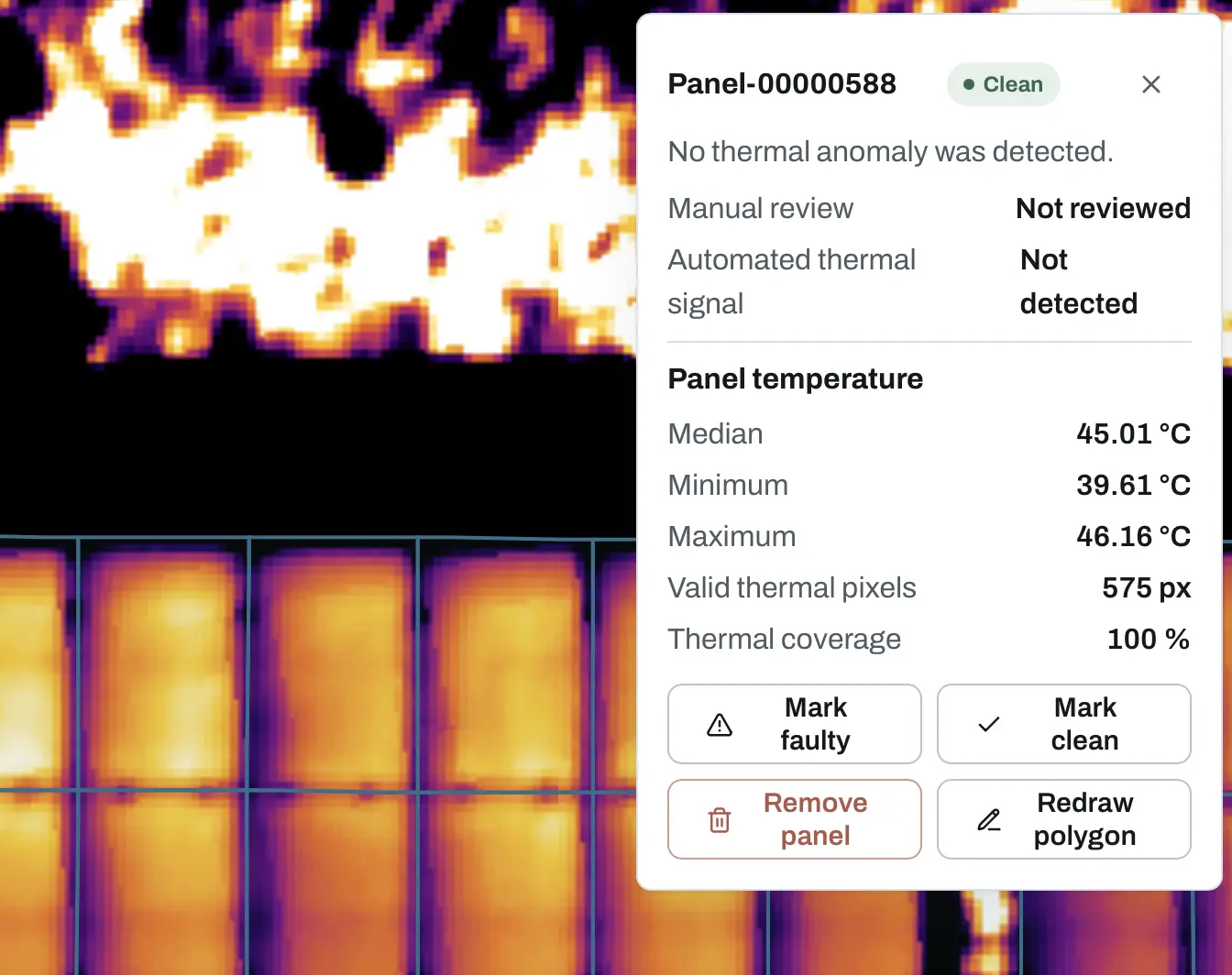 Solar Inspect details for a normal panel, including its temperature and review information