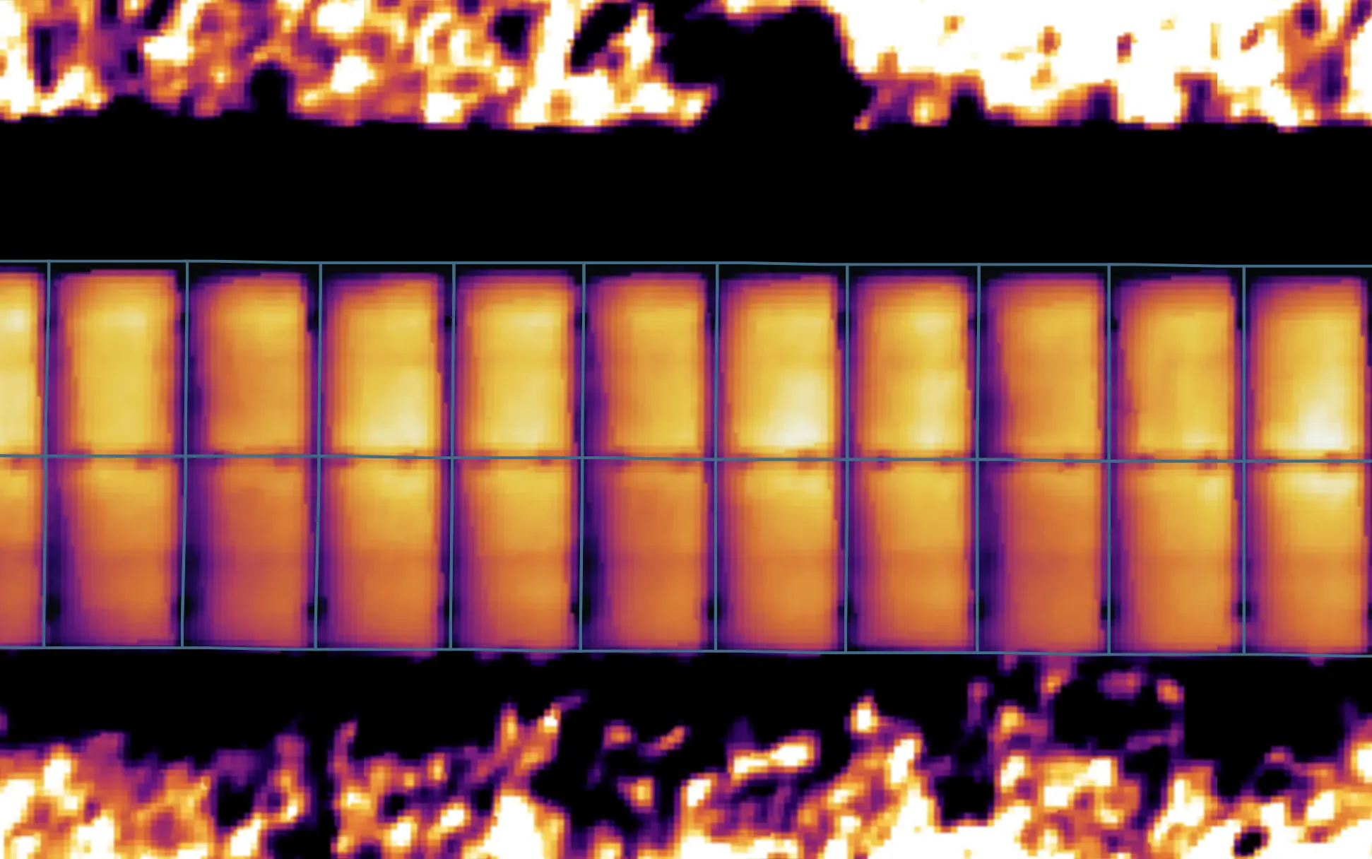 Close thermal view of detected solar panels using the panel-based temperature scale