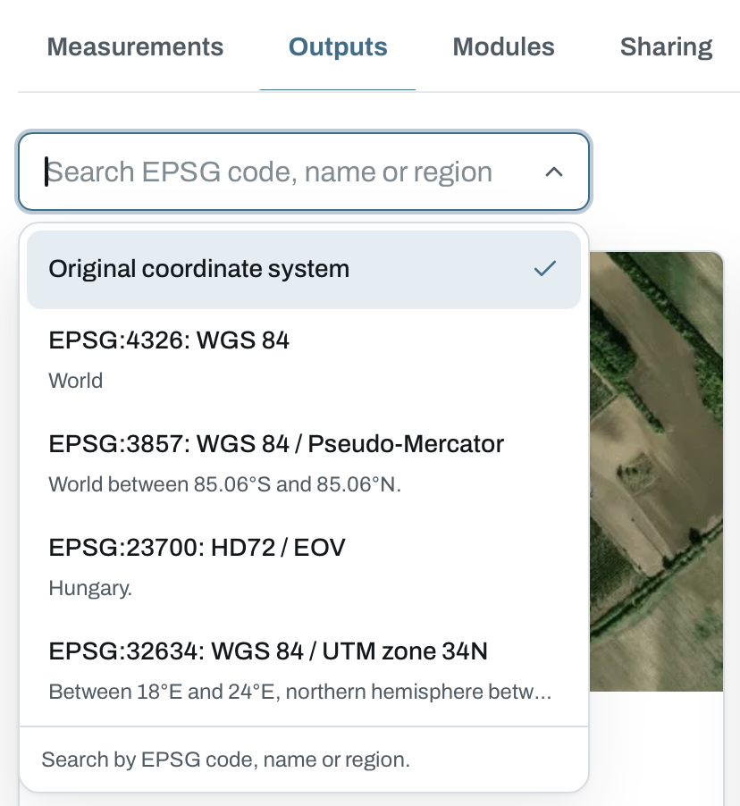 Searchable export coordinate system menu with global and local EPSG coordinate systems